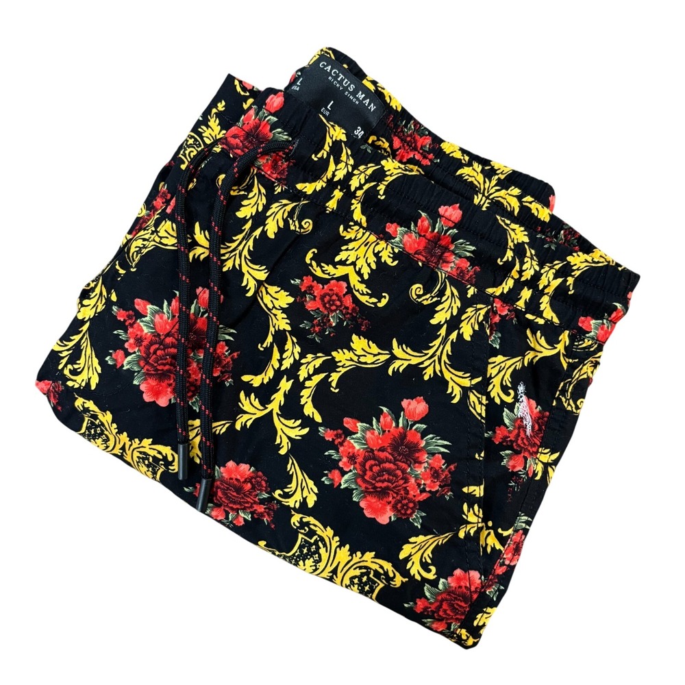 CACTUS MAN Ricky Singh Mens Large Black‎ Gold Red Floral Drawstring Shorts
